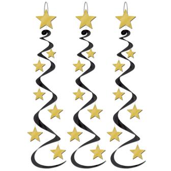 Wirbel-Deckenhänger "Stars & Sterne" 3er Pack 76 cm -gold-schwarz